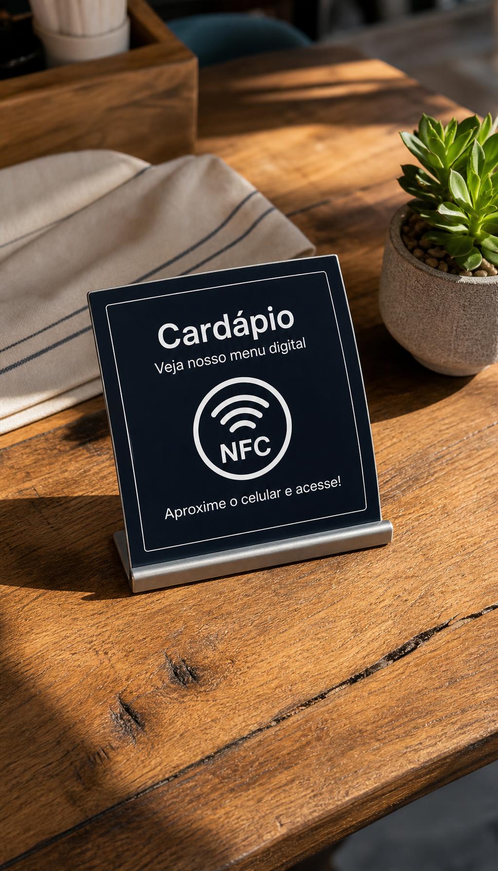 Placa NFC preta retangular com borda branca e base preta, modelo para cardápio digital